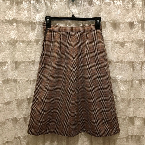 Vintage 70s XS Brown Plaid Pinstripe Wool Skirt - Picture 1 of 3